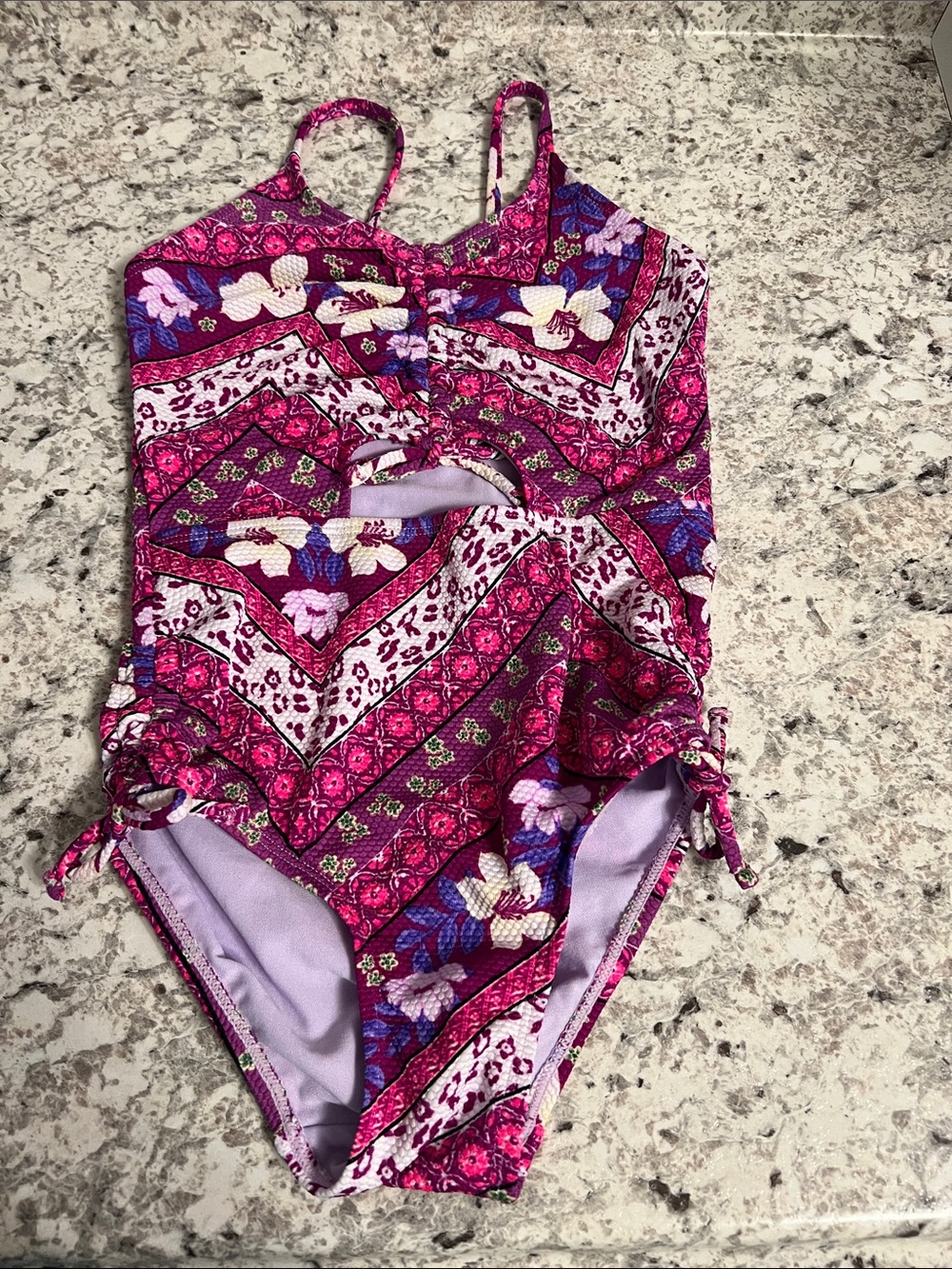 SO Girls' Pink and Purple Floral One-Piece Swimsuit with Cutout